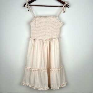 Cream Ruffle Smocked Dress Apx Size XS Boho Summer Fairycore Mini Gold Tie 0104